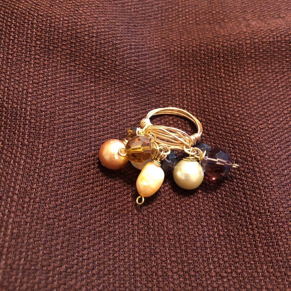 Wire Wrapped Pearls and Crystals Dangle Ring 7